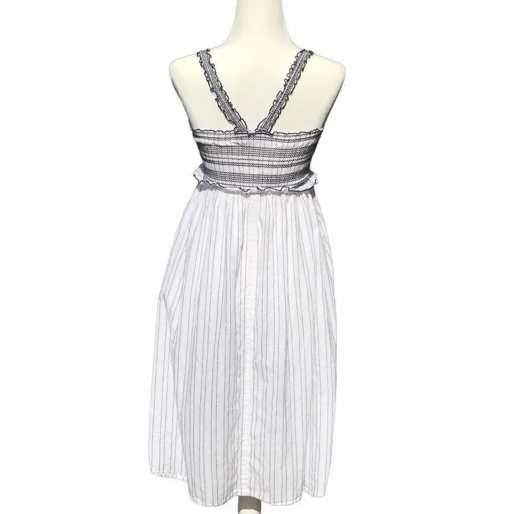 Pinko Basso White Black Striped Smocked Peasant Sundress Midi Dress Size S - Picture 3 of 11